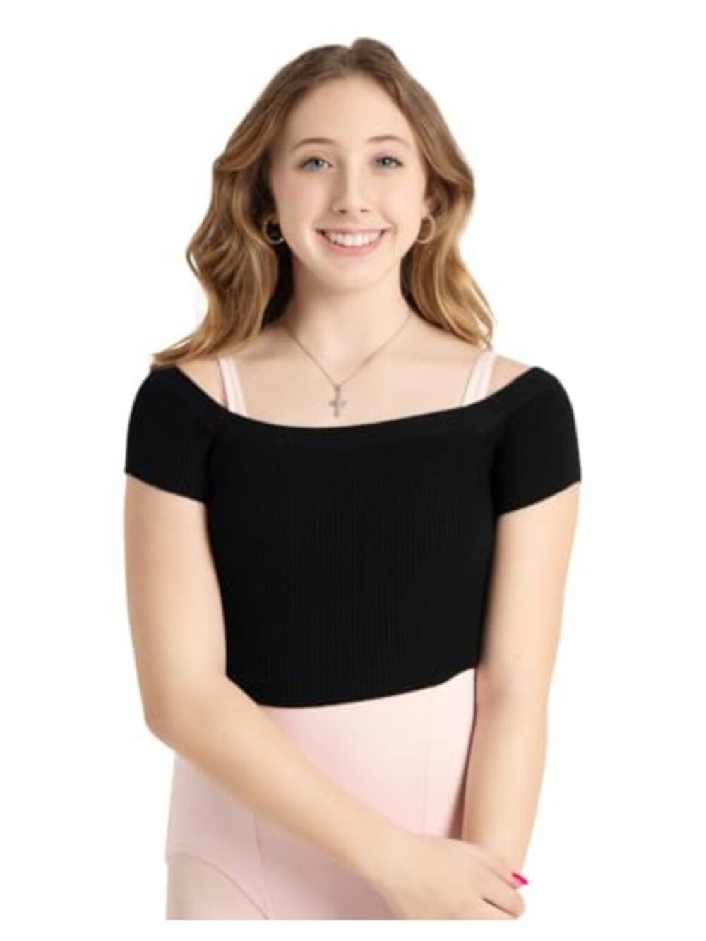 Ribbed Knit Cropped Sweater Short Sleeve Off Shoulder